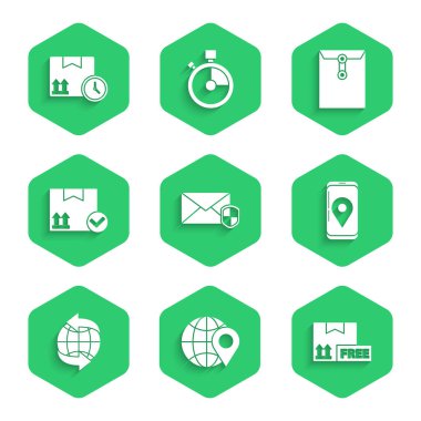 Zarfı kalkanla, dünyanın konumu, karton kutusuz sembol, mobil uygulama dağıtım takibi, dünya çapında, paket kontrol işareti ve hızlı zaman simgesi ile ayarla. Vektör