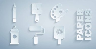 Boya fırçasını palet, sprey kutu, sprey başlık ve boya kalemleri ile ikon çizmek için ayarla. Vektör