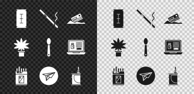 Blade traş bıçağı, sigara, kokain ve kredi kartı, açık sigara paketi, Messenger, Electronic, esrar bitkisi ve eroin kaşığı ikonu. Vektör