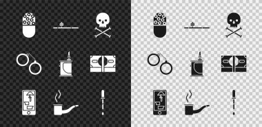 İlaç hapı ya da tablet, afyon piposu, kafa tası, internet üzerinden uyuşturucu alma, sigara içme, Pipette, kelepçe ve elektronik sigara ikonu. Vektör