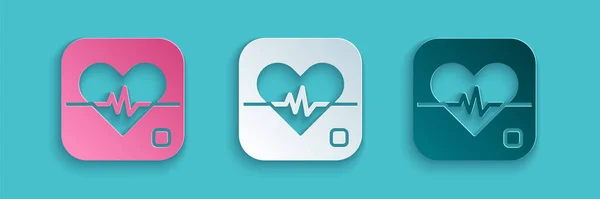 Paper cut Heart rate icon isolated on blue background. Heartbeat sign. Heart pulse icon. Cardiogram icon. Paper art style. Vector — Stock Vector