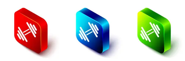 Isometrische Dumbbell icoon geïsoleerd op witte achtergrond. Spierheficoon, fitnesshalter, fitnessruimte, sportuitrusting, trainingsbel. Rode, blauwe en groene vierkante knop. Vector — Stockvector