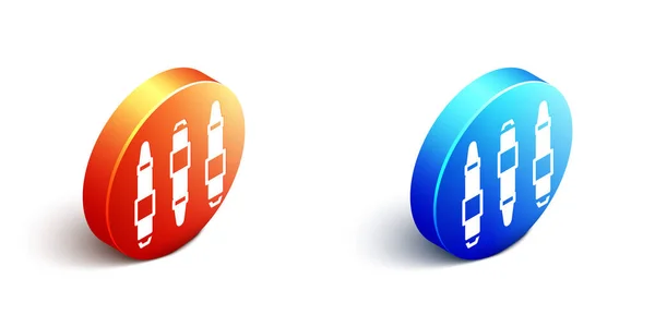 Icono de rotulador isométrico aislado sobre fondo blanco. Lápiz de punta de fieltro. Botón círculo naranja y azul. Vector — Vector de stock