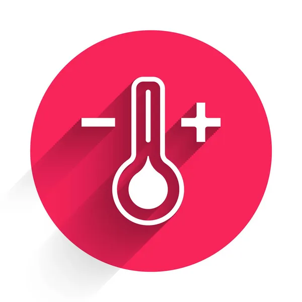 Termômetro de meteorologia branca ícone de medição isolado com fundo de sombra longa. Equipamento termômetro mostrando clima quente ou frio. Botão de círculo vermelho. Vetor — Vetor de Stock