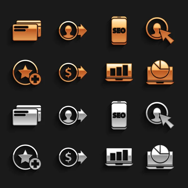Установите деньги монеты с долларом, Пользователь делового костюма человека, график ноутбука график, звезда, оптимизация мобильных телефонов SEO, кредитные карты и значок продвижения работы. Вектор — стоковый вектор
