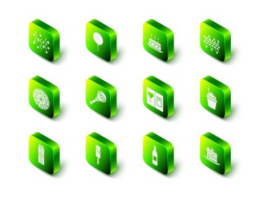 Kurdeleli balon, pasta yakan mumlar, Noel ışıkları, tebrik kartı bira şişesi ve dondurma ikonu. Vektör