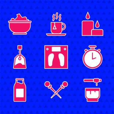 Banyo terazisi, örgü iğneleri, Bal Dipper çubuğu ve kase, Stopwatch, Sütlü şişe, Çay poşeti, yanan mum ve deniz tuzu ikonu. Vektör