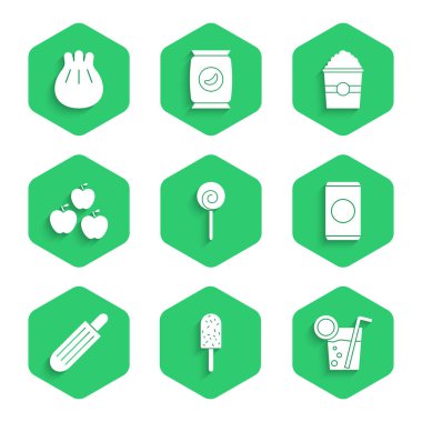 Lolipop, dondurma, Cocktail, samanlı soda kutusu, Fransız sosislisi, Apple, Popcorn kutuda ve Khinkali 'yi kesim tahtası simgesinde ayarla. Vektör