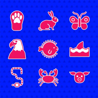 Kirpi balığı, yengeç, domuz, köpekbalığı yüzgeci okyanus dalgası, solucan, kartal kafası, kelebek ve pençe desenli ikon. Vektör