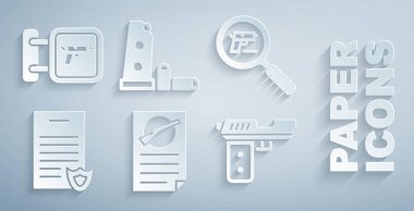 Ateşli silahlar ruhsatı, tabanca ya da silah araması, silah dergisi ve mermileri ve av dükkanı silah ikonunu hazırla. Vektör