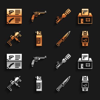 Silah yağ şişesi, av silahı, biber gazı, askeri bıçak, MP9I hafif makineli tüfek, tanksavar el bombası, katalog ve Revolver ikonu. Vektör
