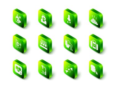 Set Nurse, Runny nose, Shit, First aid kit, Vomiting man, Constipation, Human broken bone and Microscope icon. Vector