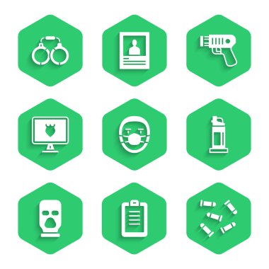 Doktor Patolojist, Polis Raporu, Kurşun, Biber gazı, kar maskesi, veritabanı, elektrik şoku ve kelepçe ikonu. Vektör