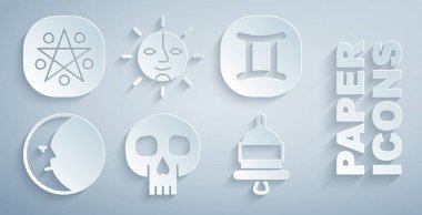 Kurukafa, İkizler burcu, Ay, alarm zili, Güneş ve Pentagram daire simgesi. Vektör