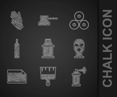 Boya, guaj, kavanoz, boya, fırça, sprey kutu, kar maskesi, kağıt yapıştırıcı çıkartması, keçeli kalem ve lastik eldiven ikonu. Vektör