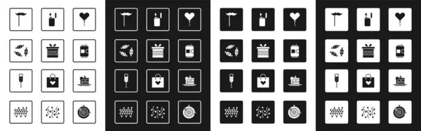Set Luftballon in Form von Herz, Geschenkbox, Süßigkeiten, Papier Schnurrbart Stick, Bierdose, Feuerzeug, Kuchen und Glas Champagner-Symbol. Vektor — Stockvektor