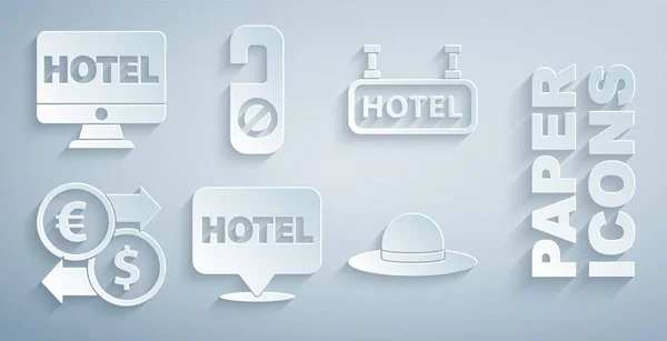 Set Ubicación hotel, Letrero con texto Hotel, Cambio de moneda, Elegante sombrero de mujer, Por favor, no molestar y el icono de la reserva en línea. Vector — Vector de stock