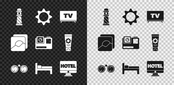 Set Lighthouse, Sun, Smart Tv, Binoculars, Bed, Online hotel booking, Photo and Action extreme camera icon. Вектор — стоковый вектор