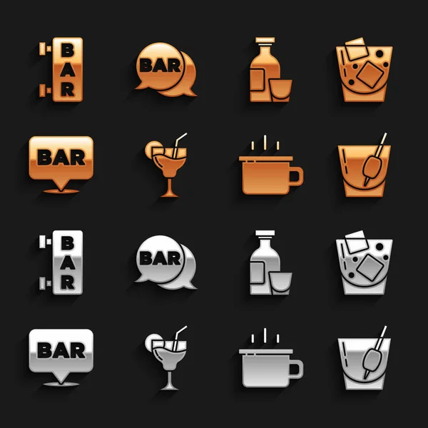 Set Cóctel, vaso de whisky, Bloody Mary, taza de café, ubicación del bar Alcohol, bebida Ron, letrero de la calle con Bar e icono. Vector — Vector de stock