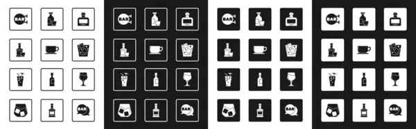 Set Whiskey bottle, Coffee cup, and glass, Street signboard with Bar, Glass whiskey, Alcohol drink Rum, Wine and Cocktail icon. Vector — Vector de stock