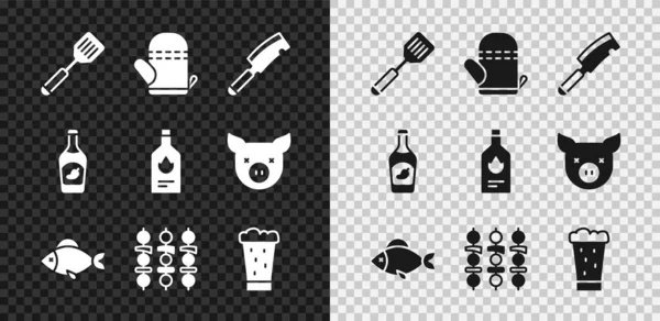Spatula, Oven glove, Meat chopper, Fish, Grilled shish kebab, Glass of beer, Ketchup bottle and Tabasco sauce icon. Vector — 스톡 벡터