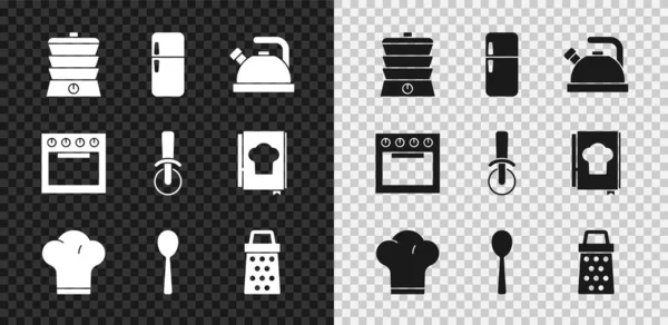 Set Langsamkocher, Kühlschrank, Wasserkocher mit Griff, Kochmütze, Löffel, Reibe, Backofen und Pizzamesser Symbol. Vektor — Stockvektor