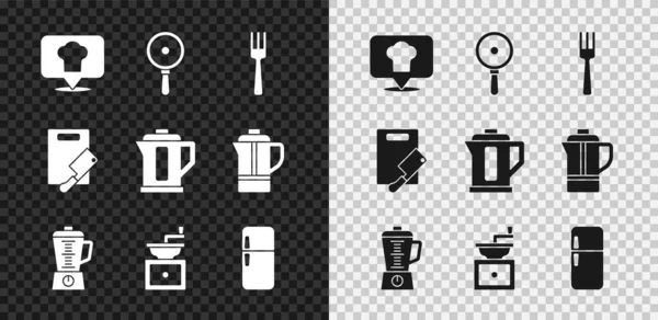 Set Kochmütze mit Standort, Pfanne, Gabel, Mixer, Kaffeemühle manuell, Kühlschrank, Schneidebrett und Fleischhacker und Wasserkocher Symbol. Vektor — Stockvektor