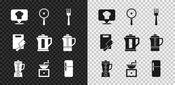 Set Chef sombrero con ubicación, sartén, tenedor, licuadora, molinillo de café manual, refrigerador, tabla de cortar y picadora de carne y hervidor eléctrico icono. Vector — Vector de stock