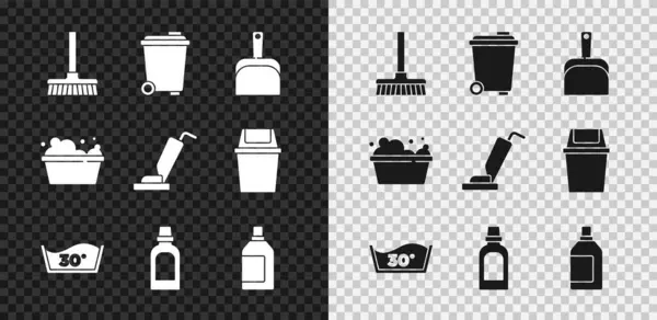 Süpürge, çöp tenekesi, faraş, temizlik malzemesi şişesi, sabun köpüklü leğen ve elektrik süpürgesi ikonu. Vektör — Stok Vektör