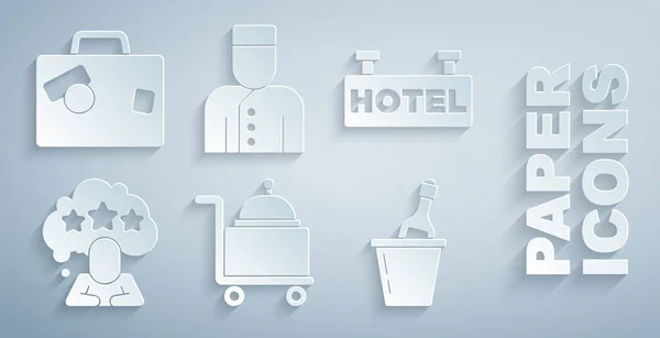 Set Couvert de plateau, Signboard text Hotel, 5 étoiles évaluation, Champagne un seau à glace, Concierge et icône de valise. Vecteur — Image vectorielle