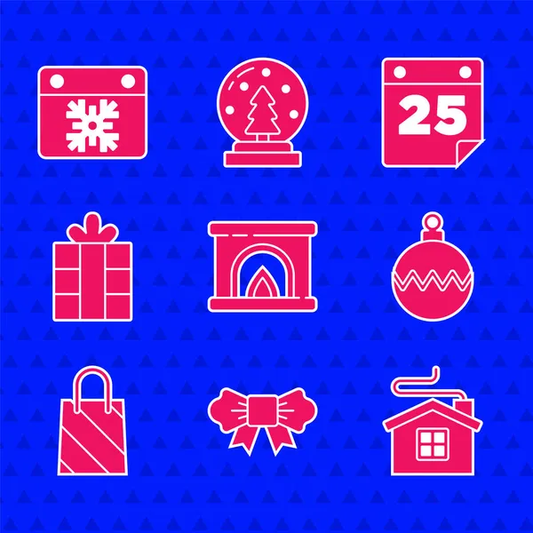 Set Interior fireplace, Bow tie, Merry Christmas house, ball, shopping bag, Gift box, Calendar and icon. Vector — Stock Vector