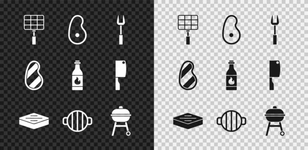 Set Barbecue steel grid, Steak meat, fork, grill, and Tabasco sauce icon. Vector — Stock Vector