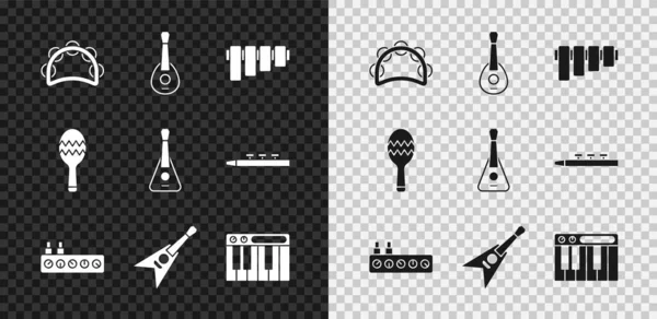 Set Tambourine, Guitar, Pan flute, Sound mixer controller, Electric bass guitar, Music synthesizer, Maracas and icon. Vector — Stock Vector