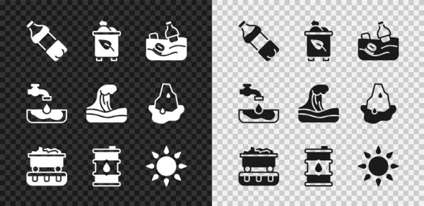 Set Bottle of water, Recycle bin with recycle, Problem pollution the ocean, Coal train wagon, Barrel oil, Sun, Water problem and Tsunami icon. Vector — Stock Vector