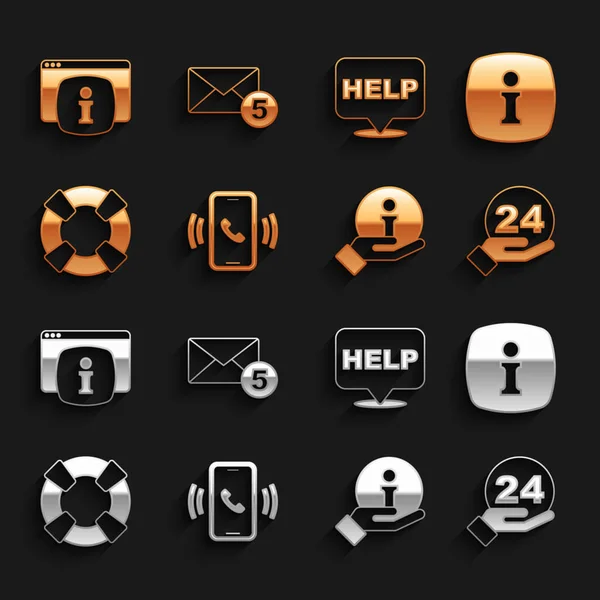 Définir le téléphone Assistance 24 heures sur 24, Informations, Bouée de sauvetage, Bulle vocale avec texte Aide, Surveiller les informations FAQ et Nouvelle icône de message entrant par e-mail. Vecteur — Image vectorielle