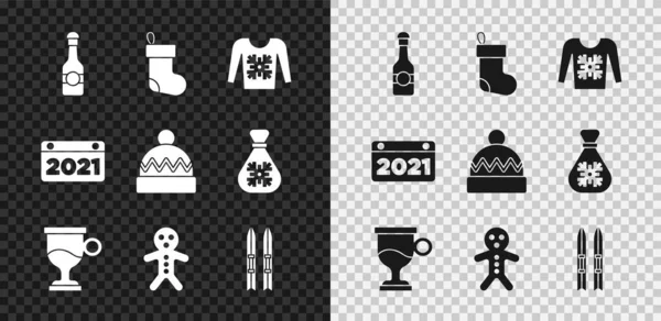 Set Champagne bottle, Christmas stocking, sweater, Mulled wine, Holiday gingerbread man cookie, Ski and sticks, Calendar and Winter hat icon. Vector Stock Vector