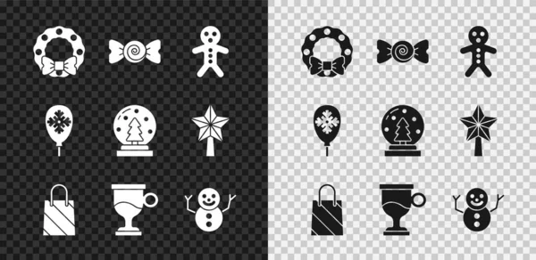 Set Christmas wreath, Candy, Holiday gingerbread man cookie, shopping bag, Mulled wine, snowman, Balloons with snowflake and globe icon. Vector Royalty Free Stock Illustrations