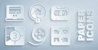 Film makarası, Retro ses kaseti, Eski film geri sayım çerçevesi, Storyboard, Kamera deklanşörü ve Video kaydediciyi dizüstü bilgisayar simgesine ayarla. Vektör