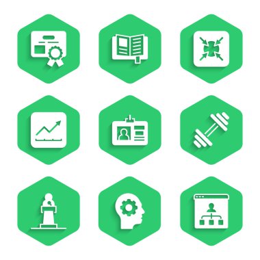 Kimlik kartı, içinde ekipman olan insan kafası, Çevrimiçi eğitim, Dumbbell, Hoparlör, Finansal büyüme artışı, Hedef ve Sertifika şablon ikonu. Vektör