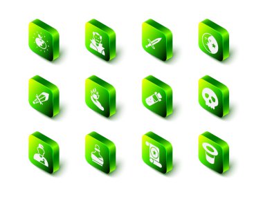 Vampir, Hançer, Ay ve yıldızlar, Kafatası, Sihirli şapka, iksirli şişe, parşömen ve ikon. Vektör