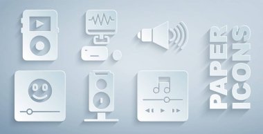 Stereo hoparlörü, Hoparlör sesi, müzik çalar, kayıt stüdyosu ve simge ayarla. Vektör