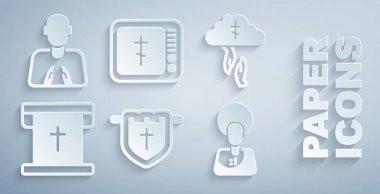 Hristiyan haçı ile bayrak dileyin, Tanrılar yardım etsin, İsa Mesih, Online kilise papazı vaaz veriyor ve Eller dua ikonu. Vektör