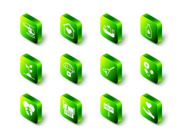 Evsizler için barınak ayarlayın, insani yardım gemisi, bir şişe su, ilaç tableti, Kalp eli, Paspas, İmdat ve Bedava Kalıp Evi ikonu. Vektör