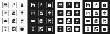 Liste yapmak ya da planlamak için ayarlayın, Inkwell, Ofis masası, Disket, Bulut veritabanı, Masa lambası, alışveriş arabası, posta ve e-posta simgesi. Vektör