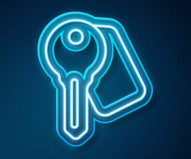 Parlayan neon hattı otelin kapı kilidi simgesi mavi arkaplanda izole edildi. Vektör