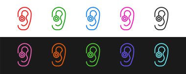 Çizgi İşitme cihazı simgesi siyah beyaz arkaplanda izole edildi. Kulak ve işitme. Vektör