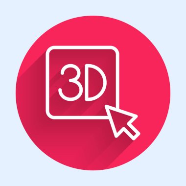 Beyaz çizgi 3D yazıcı simgesi uzun gölgeli izole edilmiş. 3D baskı. Kırmızı daire düğmesi. Vektör