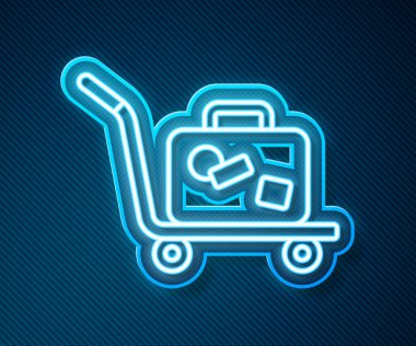 Parlayan neon hattı Trolley bavul ikonu mavi arkaplanda izole edildi. Seyahat bagaj tabelası. Seyahat bagaj ikonu. Vektör