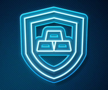 Mavi arka planda izole edilmiş kalkan simgesi olan parlak neon çizgili altın çubuklar. Bankacılık işi konsepti. Vektör