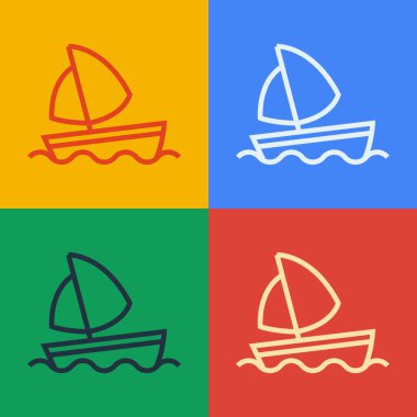 Pop Art Line Yacht yelkenli ya da yelkenli ikonu renkli arka planda izole edilmiş. Yelkenli deniz seyahati. Vektör
